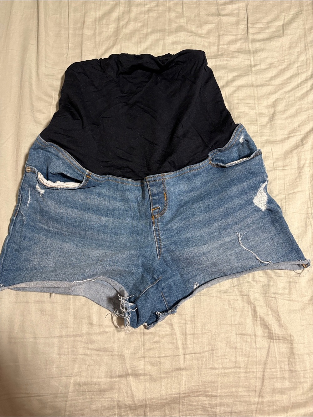 Maternity Denim Shorts with Black Stretch Panel - Comfortable Everyday Fit